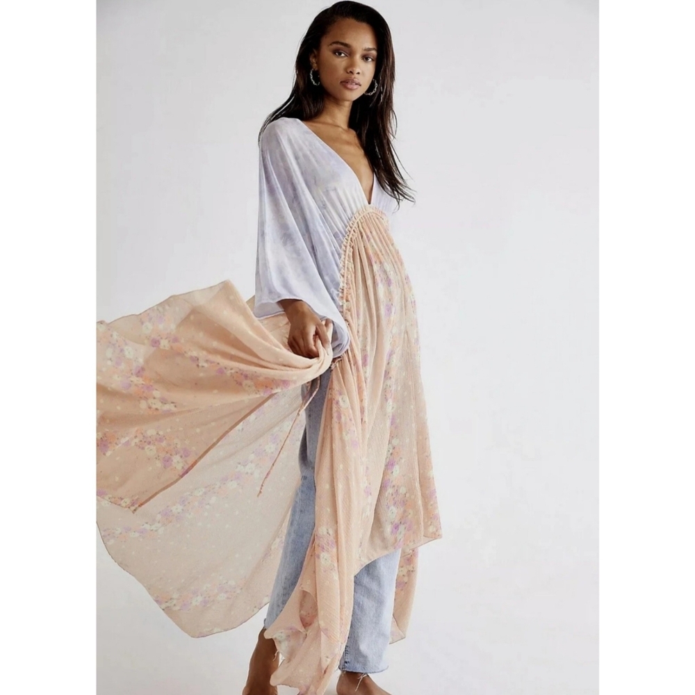 Free People Know Me Maxi Top Floral Blue Orange Pastel Small Boho